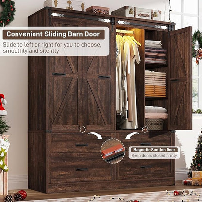Farmhouse 4 Doors Armoire Wardrobe Closet w/Folding Sliding Barn Door and Lights - Image 3