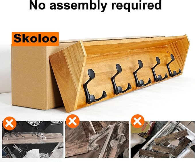 SKOLOO Wall Shelf with Hooks, 35-Inch Brown Coat Rack Wall Mount with Shelf - Image 6