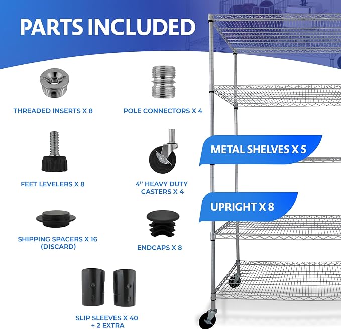 4000 LBS Heavy Duty Wire Rack 48 x 24 x 76, 5-Tier NSF Commercial Rolling Rack - Image 7