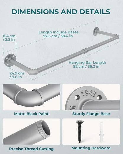 OROPY Industrial Pipe Clothes Rack Wall Mounted Set of 2, 38.4 inches Heavy - Image 4