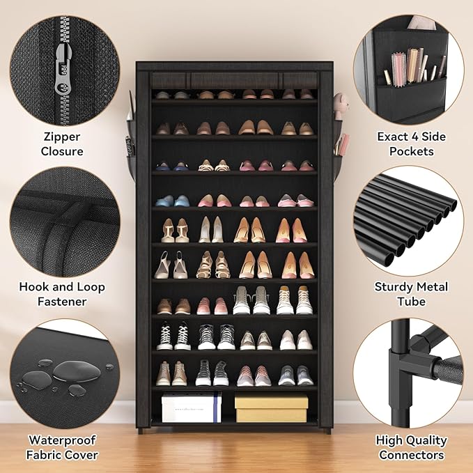 ROJASOP 10 Tier Shoe Rack with Covers, Large Capacity Stackable Tall Shoe Shelf - Image 4