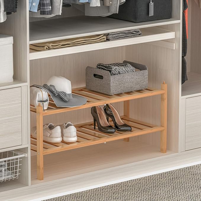 Shoe Rack, 2-Tier Bamboo Stackable Shelf Storage Organizer, Stand - Image 4