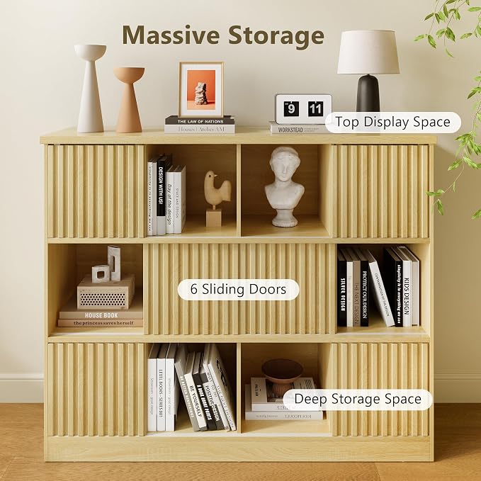 iPormis 12 Cube Bookcase with 6 Fluted Sliding Doors, 3 Tier Wooden Bookshelf - Image 7