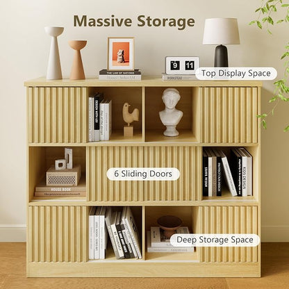 iPormis 12 Cube Bookcase with 6 Fluted Sliding Doors, 3 Tier Wooden Bookshelf - Image 7