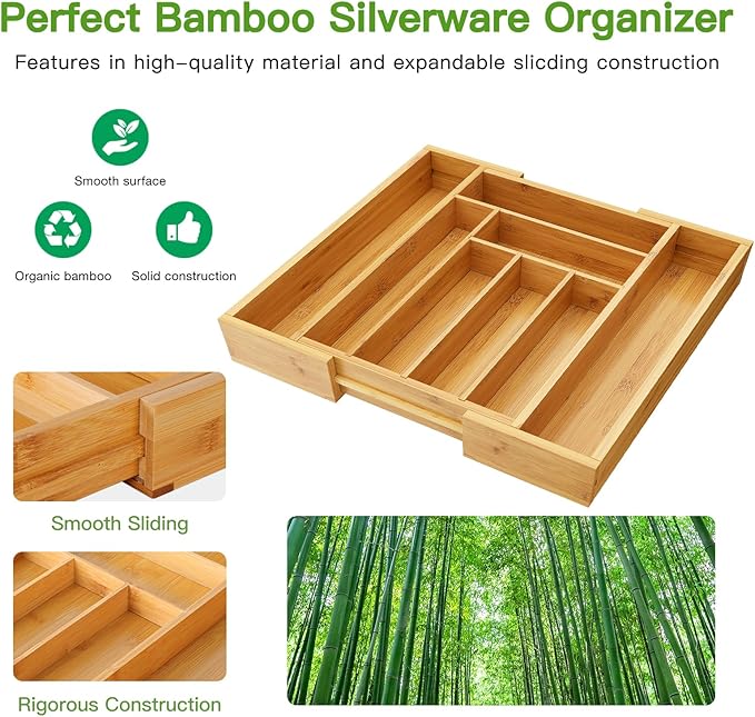 Pipishell Bamboo Expandable Silverware Drawer Organizer, Adjustable Kitchen - Image 5