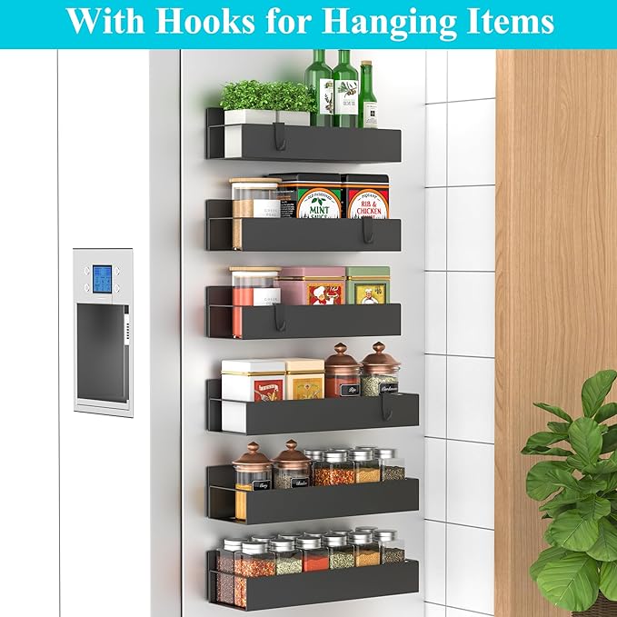 Metal Magnetic Spice Rack for Refrigerator Black, 6 Pack | Magnetic Shelves - Image 2
