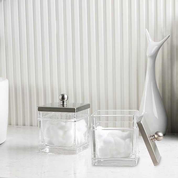 Glass Cotton Jar Holder 2 Pack– Satin Nickel Lid, Elegant Bathroom Storage - Image 3