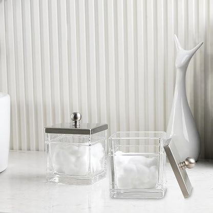 Glass Cotton Jar Holder 2 Pack– Satin Nickel Lid, Elegant Bathroom Storage - Image 3