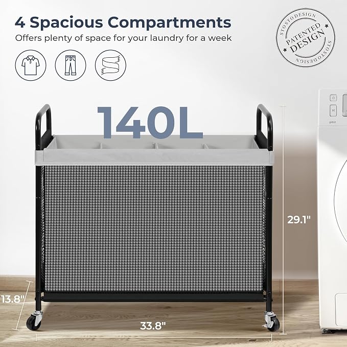 STO STO Laundry Hamper 4 Section, 140L Rolling Laundry Sorter Cart - Image 5