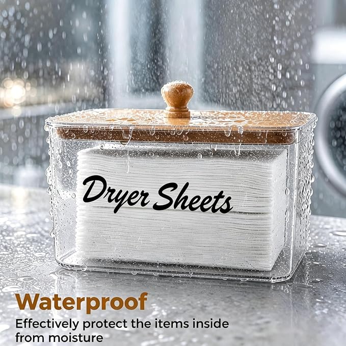 Dryer Sheet Holder with Bamboo Lid, Acrylic Laundry Clear Dryer Sheets - Image 6