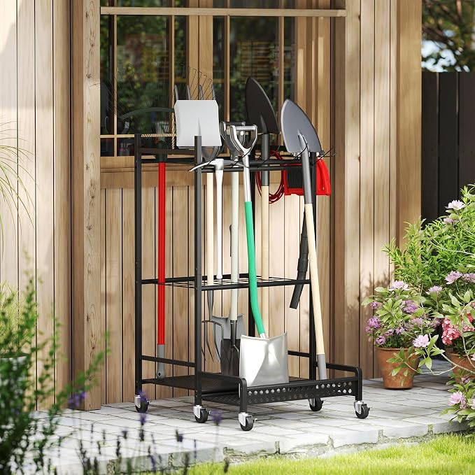 Garden Tool Organizer with Wheels, Heavy-Duty Steel Garage Tool Storage Rack - Image 9