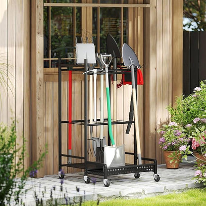 Garden Tool Organizer with Wheels, Heavy-Duty Steel Garage Tool Storage Rack - Image 9