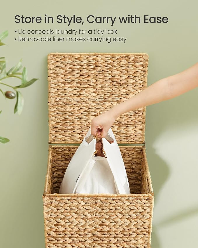 SONGMICS Laundry Hamper, 25 Gal. Handwoven Water Hyacinth Wicker Laundry Basket - Image 4