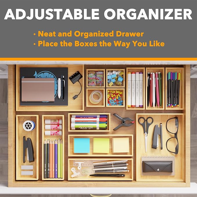 SpaceAid 14-Piece Bamboo Drawer Organizer Storage Boxes Set, Wood Tray Junk - Image 5