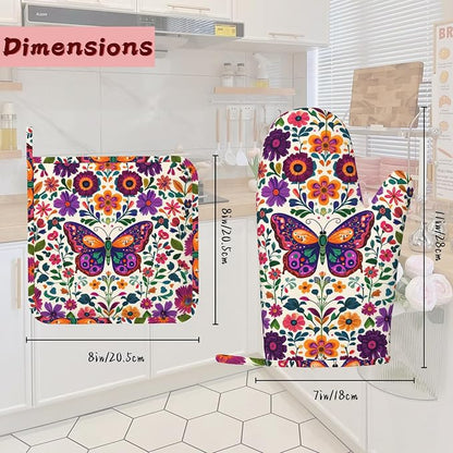 Butterfly Flowers Heat-Resistant Silicone Oven Mitts and Pot Holder 4 Piece Set - Image 2