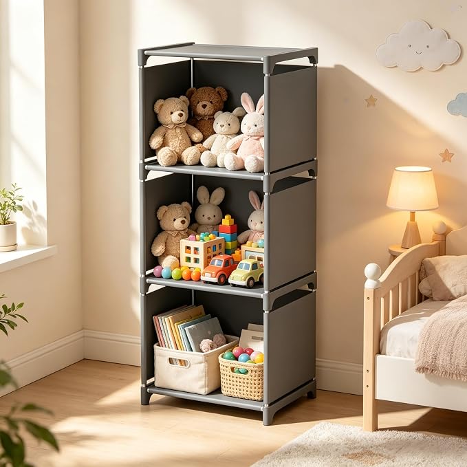 RIIPOO Book Shelf, 3-Cube Storage Organizer, Metal & Fabric Bookcase - Image 2