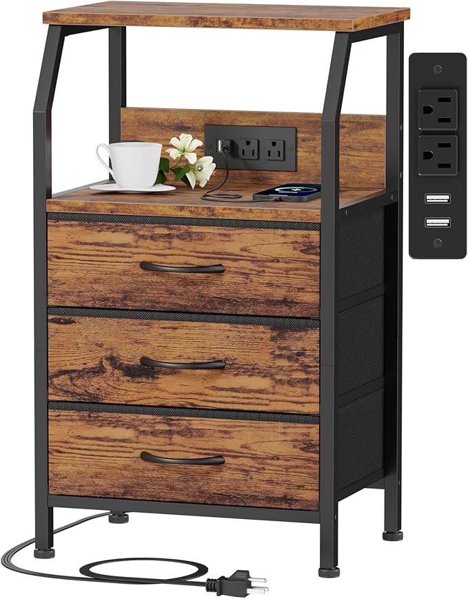 Furnulem Night Stand with Charging Station, 3 Fabric Drawers Bedside Table | by Furnulem