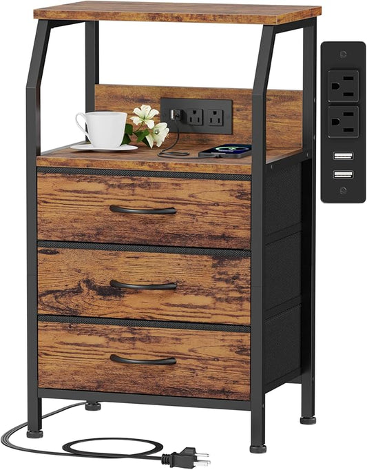 Furnulem Night Stand with Charging Station, 3 Fabric Drawers Bedside Table | by Furnulem