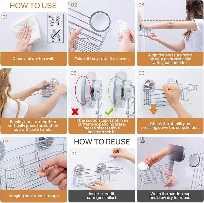 LEVERLOC Shower Caddy Suction Cup, 3 Pack Heavy Duty Bathroom Organizer - Image 8