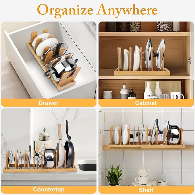 MinBoo Bamboo Expandable Pot Lid Organizer, Pot and Pan Organizer Drawer - Image 6