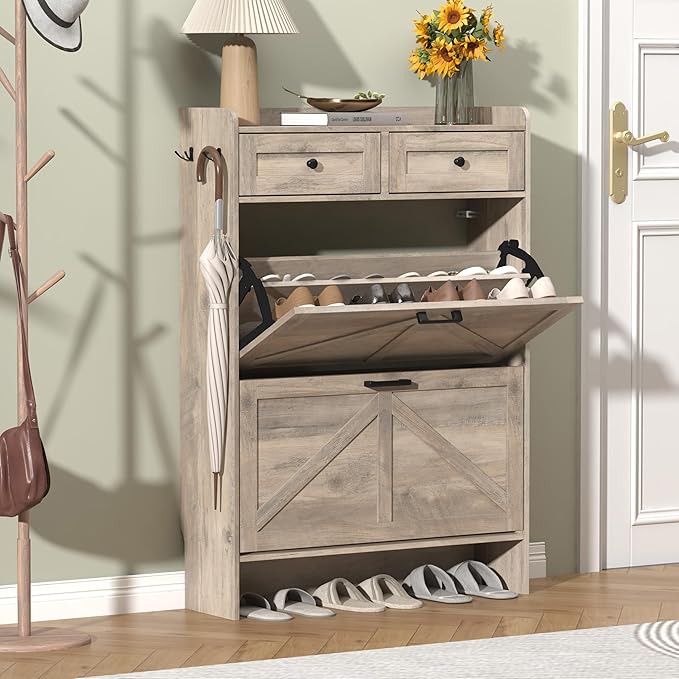 Thacuok Shoe Cabinet with 2 Flip Drawers & 2 Storage Drawers, Rustic Farmhouse by Thacuok