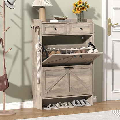 Thacuok Shoe Cabinet with 2 Flip Drawers & 2 Storage Drawers, Rustic Farmhouse by Thacuok