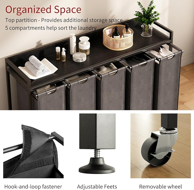 Laundry Hamper with Shelf, Laundry Basket 5 Section, Laundry Sorter with - Image 3