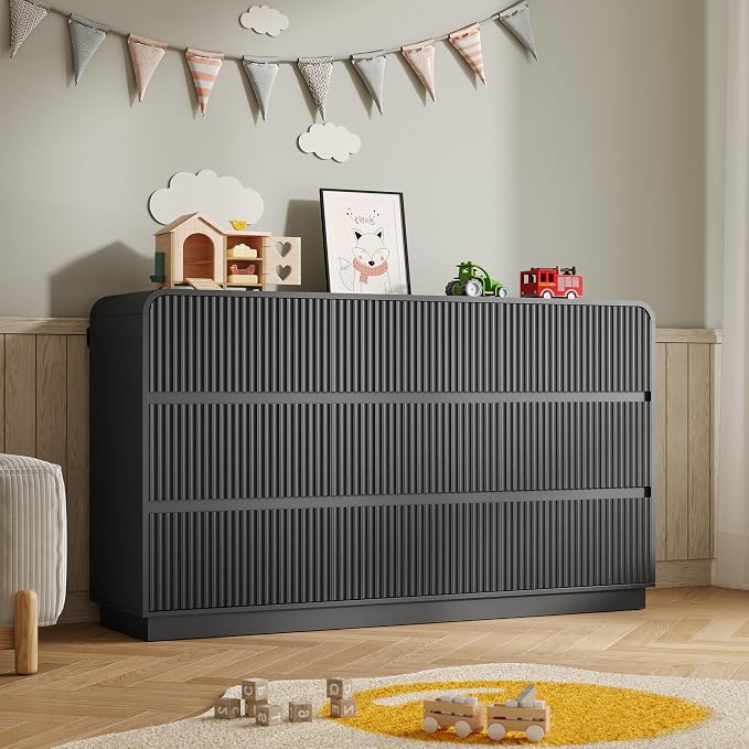 Dresser for Bedroom with 9 Drawers, Fluted Chest of Drawers with Round Curved by BORNOON