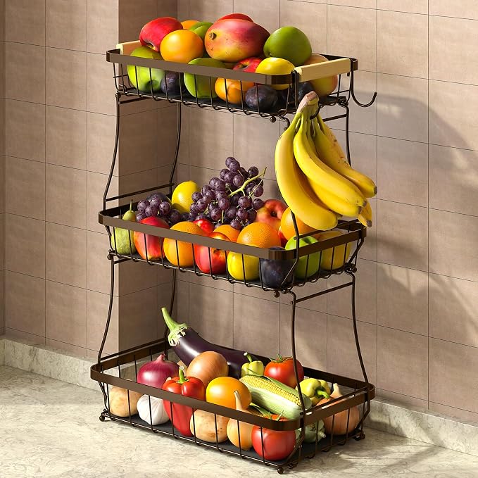 3-Tier Fruit Basket with Banana Hangers, Detachable Metal Bowl | Wooden handle by Sevenblue