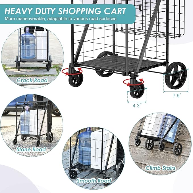 Folding Shopping Cart for Groceries, 360 lbs Capacity Grocery Cart - Image 4