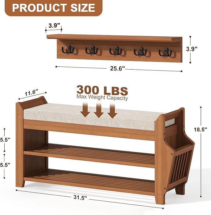 PETKABOO 31.5" Shoe Bench with Coat Rack Hidden Drawer and Side Holder - Image 2