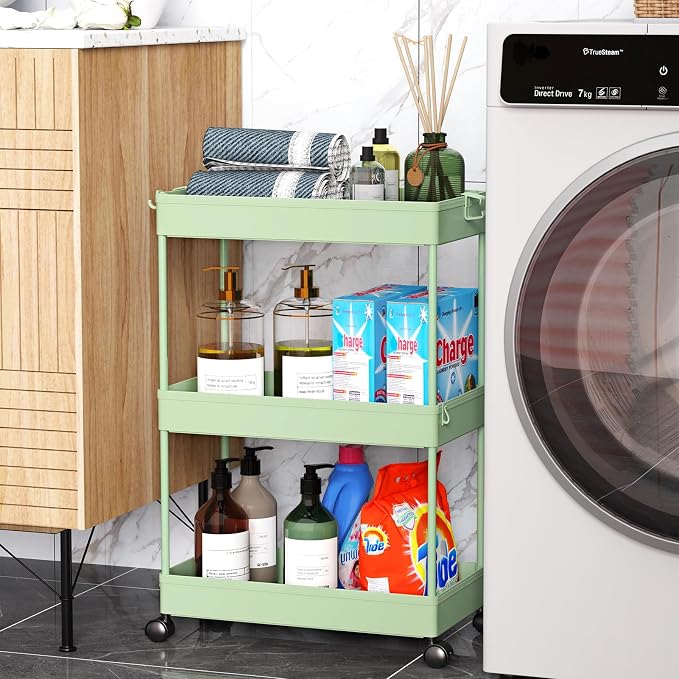 SPACEKEEPER Green 3-Tier Rolling Storage Cart, Bathroom & Kitchen Organizer - Image 6