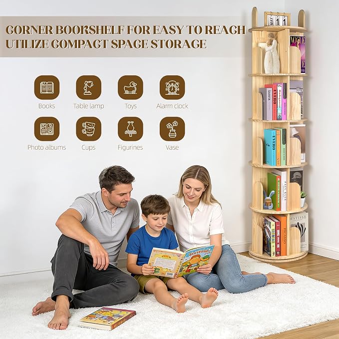 Kryonix 5 Tier Rotating Bookshelf, 360° Spinning Solid Pine Wood Bookcase | - Image 4