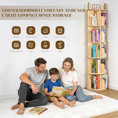 Kryonix 5 Tier Rotating Bookshelf, 360° Spinning Solid Pine Wood Bookcase | - Image 4