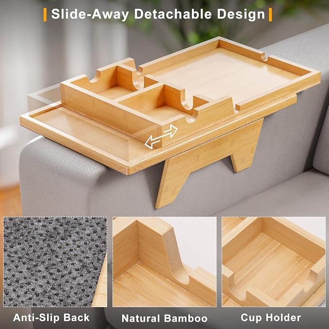 Bestjing Bamboo Couch Cup Holder Tray - 2 in 1 Couch Armrest Table - Sofa - Image 2