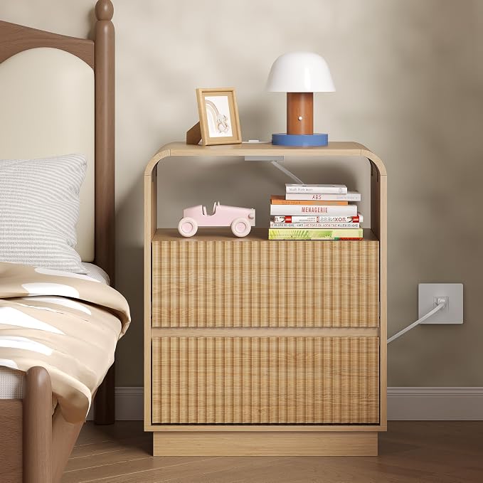Dresser with 2 Drawers and Charging Station, Fluted Bedside Table with Round - Image 6