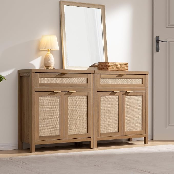 SICOTAS Sideboard Buffet Cabinet Set of 3, Rattan Credenza Storage Cabinet - Image 9