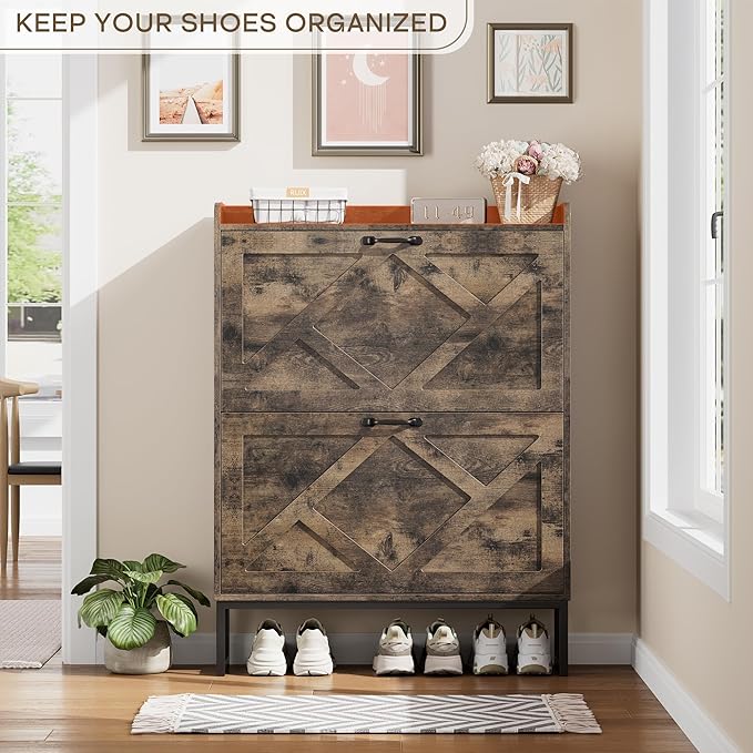 Nicetree Shoe Cabinet with 2 Flip Drawers, Entryway Organizer, Chestnut | Slim - Image 6