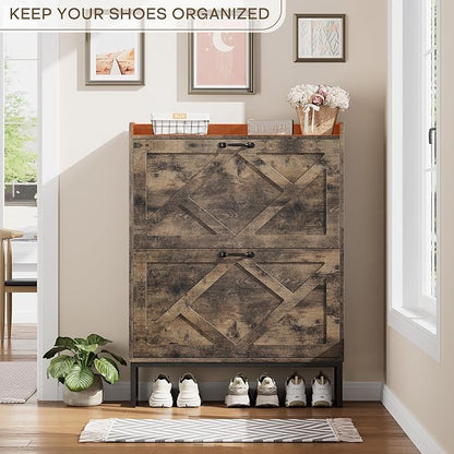 Nicetree Shoe Cabinet with 2 Flip Drawers, Entryway Organizer, Chestnut | Slim - Image 6