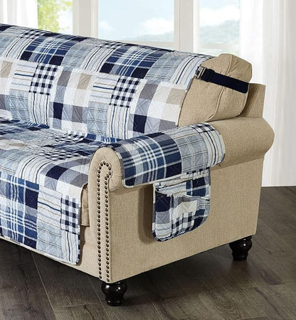 Brilliant Sunshine Multi Blue Plaids and Stripes Patchwork Sofa Armrest 5 - Image 5