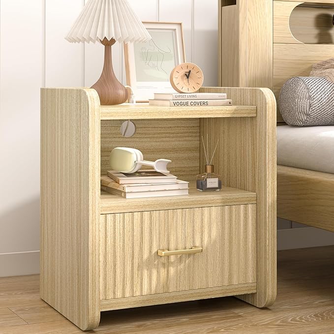 Night Stand with Charger Station, Fluted Wood Nightstand with Drawer Storage by Curlaky