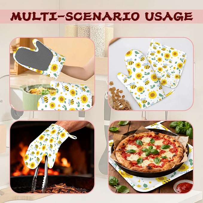 Cute Bee Sunflower Heat-Resistant Silicone Oven Mitts and Pot Holders 4 Piece - Image 6