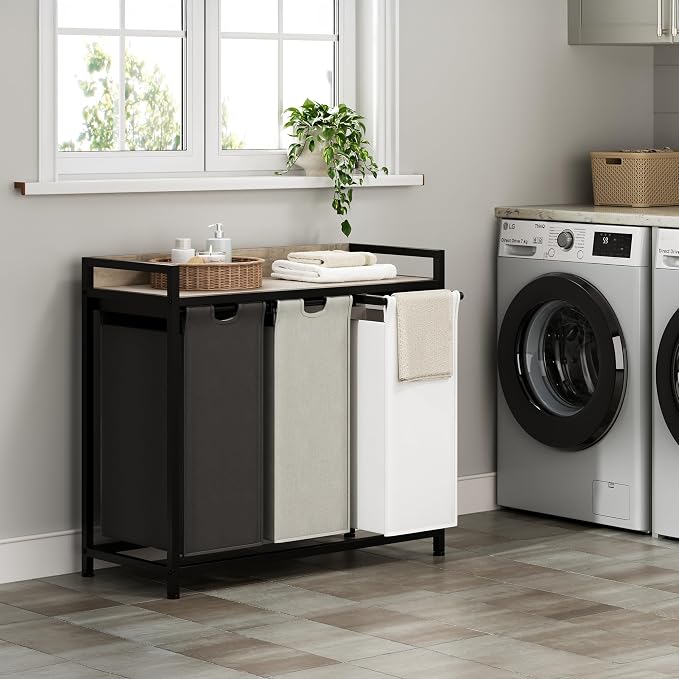 Laundry Hampers with Shelf, Laundry Basket 3 Section, Laundry Sorter with - Image 2
