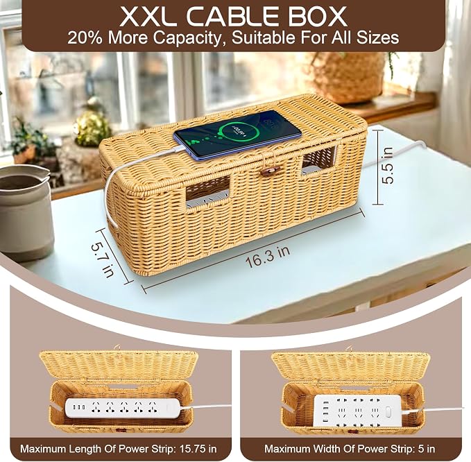 Longer Cable Management Box, 16In Handwoven Cord Management Box - Image 2