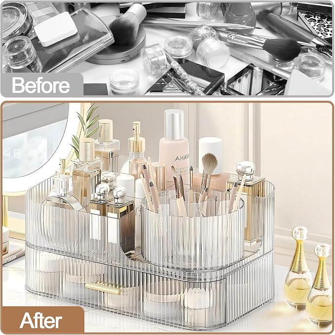 DASITON Makeup Organizer with Drawers and Rotating Makeup Brush Holder - Image 4