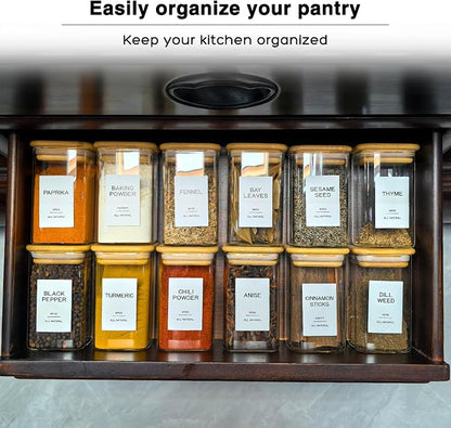 12 Pcs Glass Spice Jars with Bamboo Airtight Lids & 201 Labels - 8oz Square - Image 5