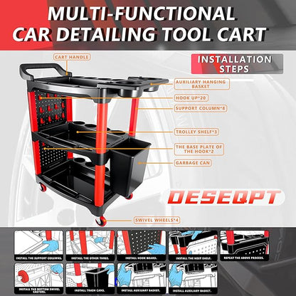 Auto Detailing Cart with Wheels, 3 Tier Rolling Detail Cart with Long Hanging - Image 6