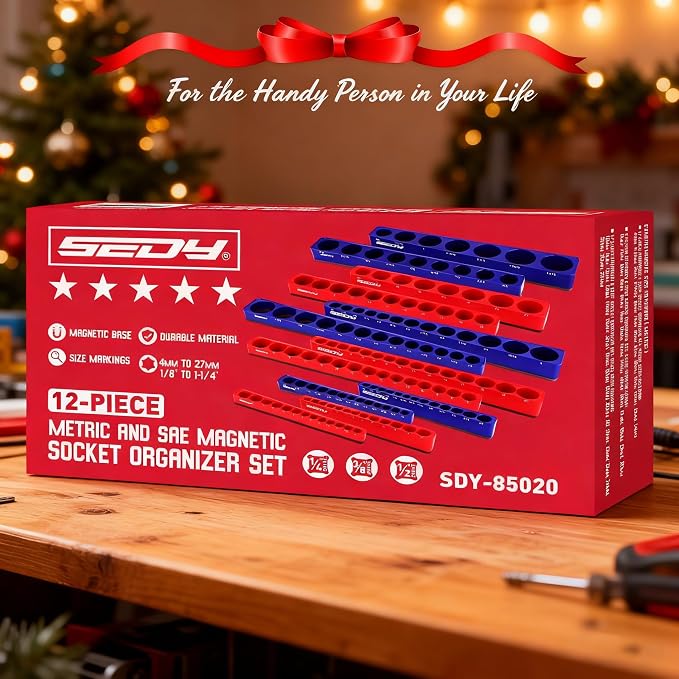 12-Piece 1/4" 3/8" 1/2"-Drive SAE & Metric Magnetic Socket Organizer Set - Image 8