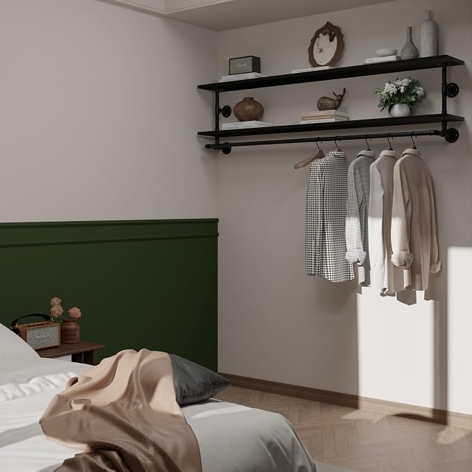Black Clothes Rack 70in, 2-Tier Wall Mounted Garment Rack - Image 4
