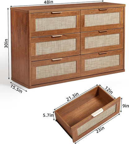 LEYAOYAO Rattan Dresser for Bedroom Set of 2, Boho 48" Wide 6 Drawer Dresser - Image 2